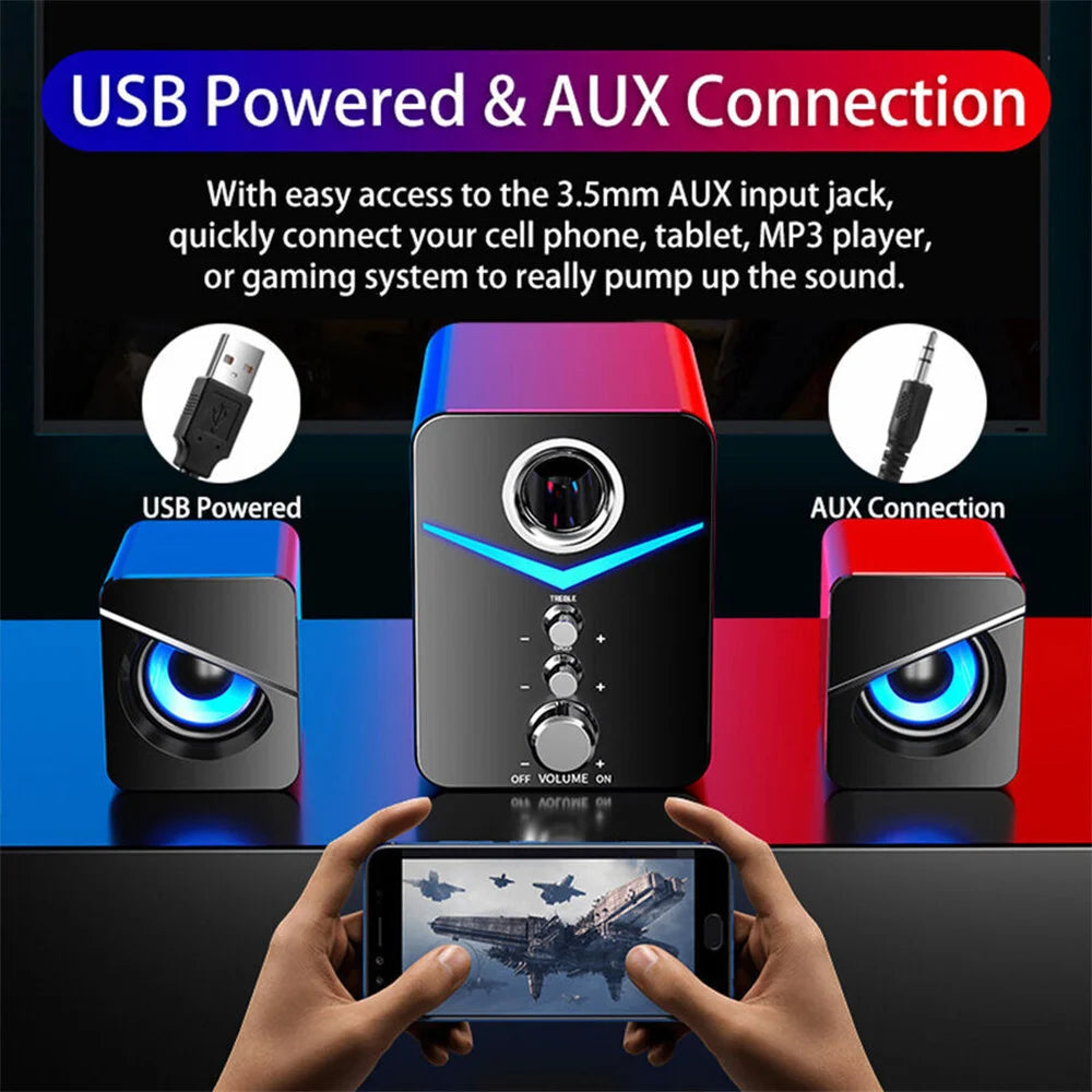 USB Computer LED Speakers System Subwoofer Stereo Bass Control for Desktop Laptop PC Portable Loud Speaker